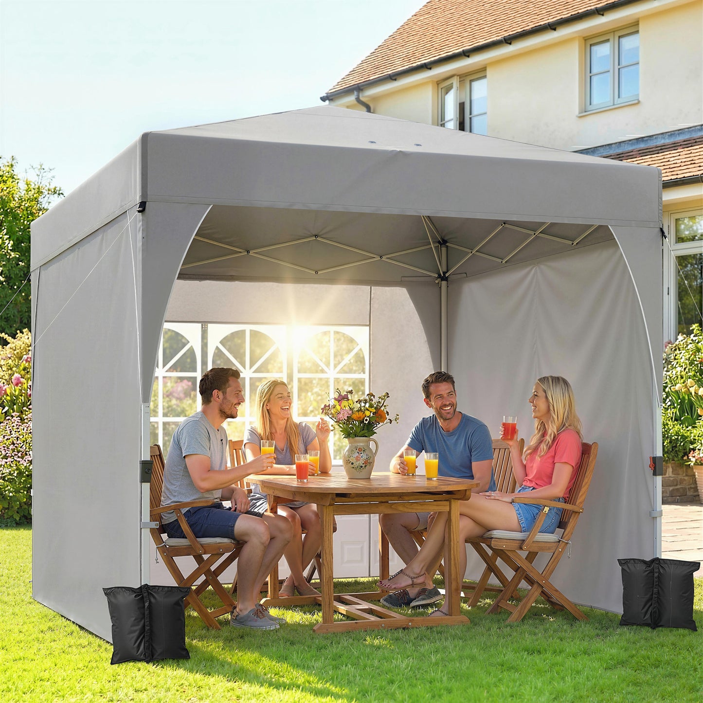 9.6 x 9.6 ft Pop Up Canopy Tent with 3 Sidewalls, UPF 50+ 1-Button Push Easy Setup Outdoor Instant Canopy, Light Grey