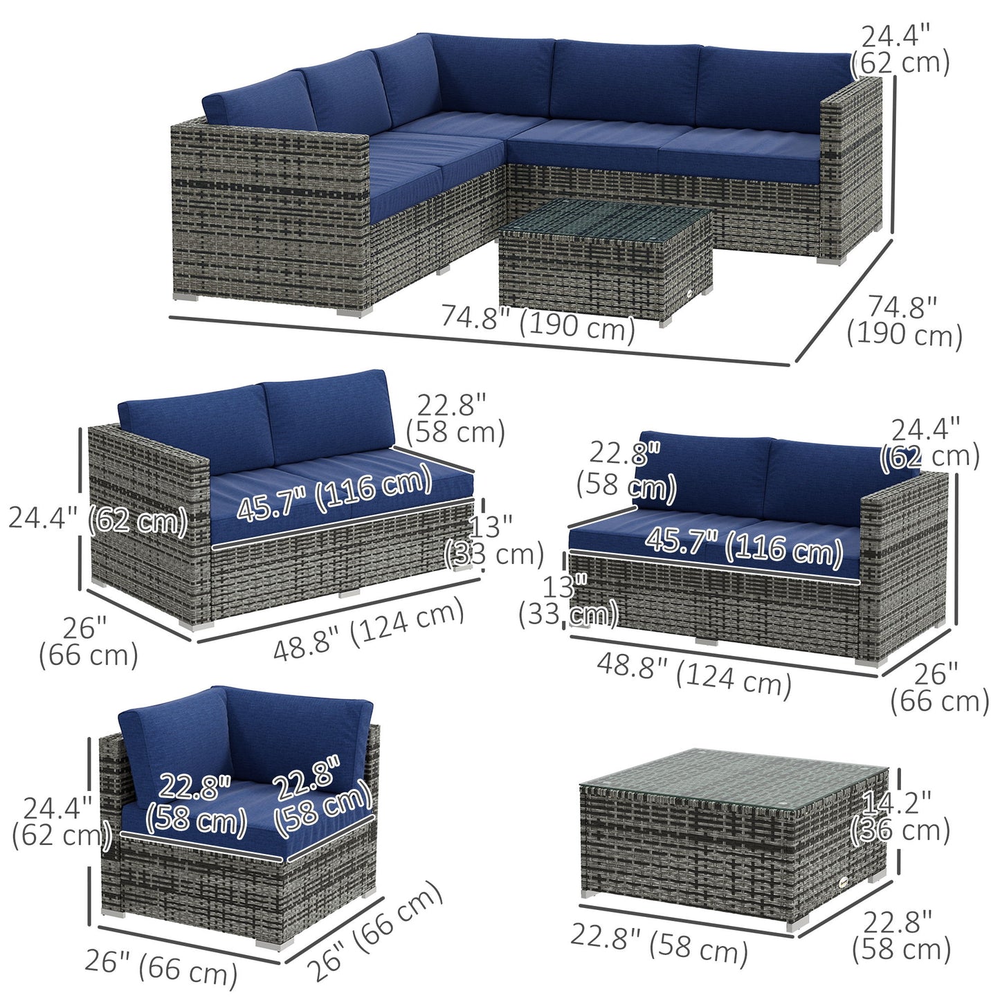 4-Piece Outdoor Rattan Wicker Conversation Furniture Set, Includes Corner Sofa, Loveseat, Coffee Table and Cushions, Modern Patio Sectional for Backyard, Navy Blue