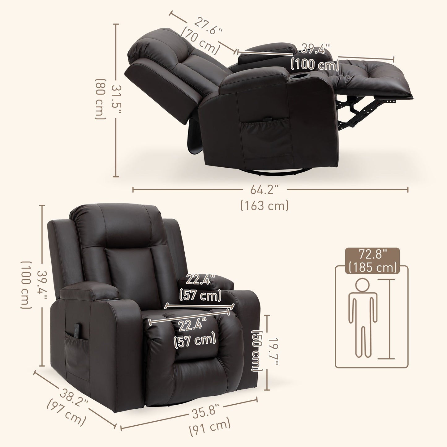 Swivel Massage Recliner Rocker with Cup Holders - Brown