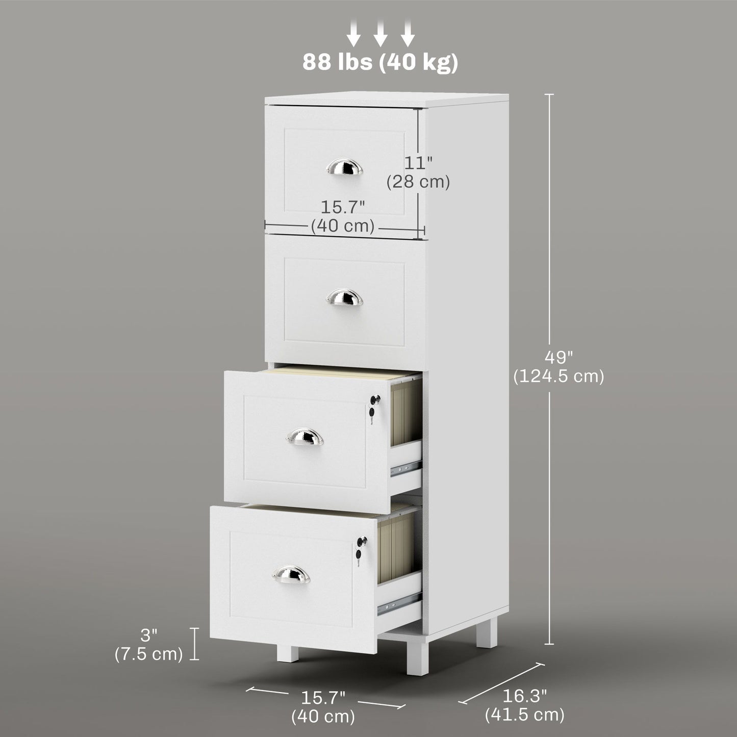 4 Drawer File Cabinet with Lock, Office Filing Cabinet, A4 Letter Size, Hanging File Folders, White