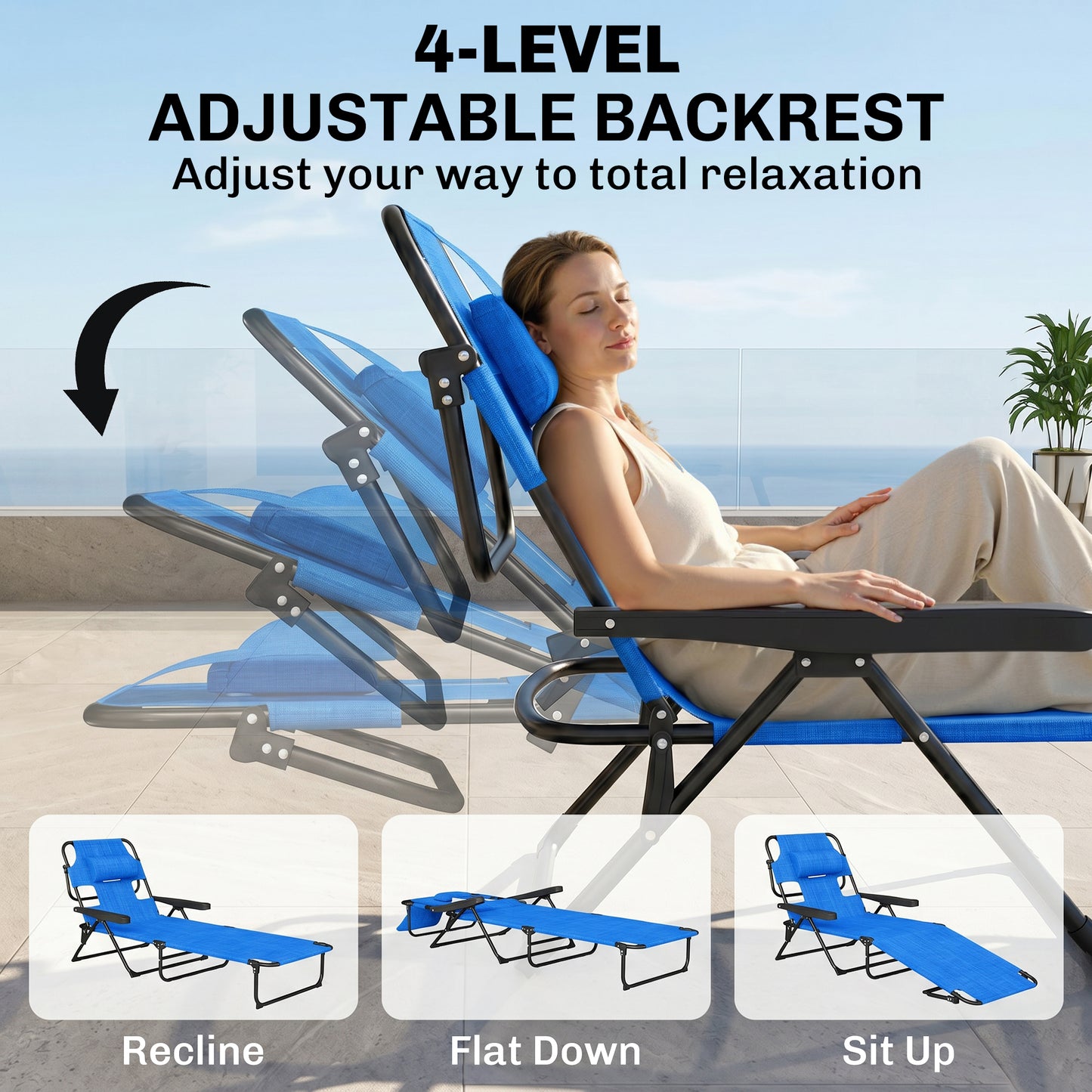Folding Lounge Chair w/ Reclining Back, Cream White