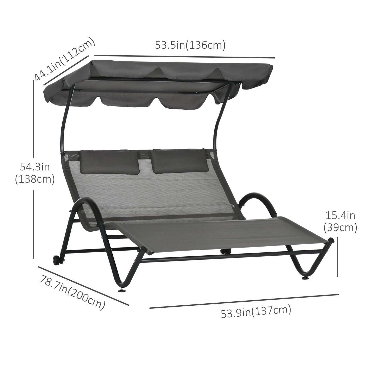Outdoor Patio Chaise Lounge Chair, Patio Sun Lounger w/ Sunshade Roof, for Two People with Wheels and Breathable Sling Mesh Bed, Pillows, Dark Gray