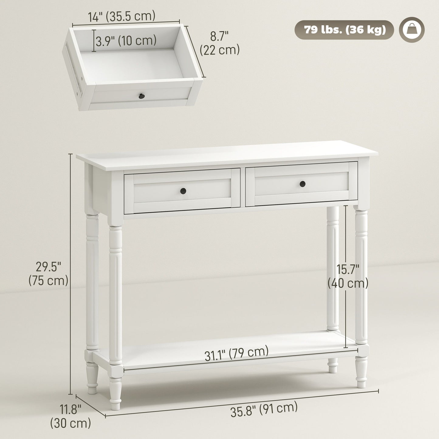 Hallway Console Table, Modern Entryway Table with 2 Drawers, Storage Shelf, Turned Legs for Living Room, Bedroom, White
