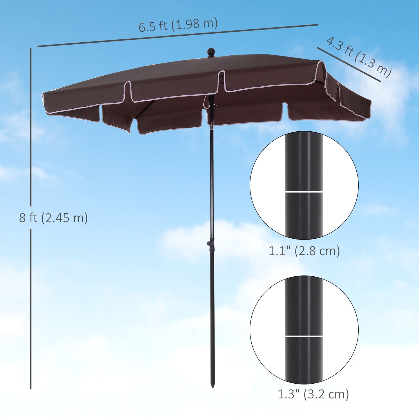 6.5x4ft Rectangle Patio Umbrella Aluminum Tilt Adjustable Garden Parasol Sun Shade Outdoor Canopy Coffee
