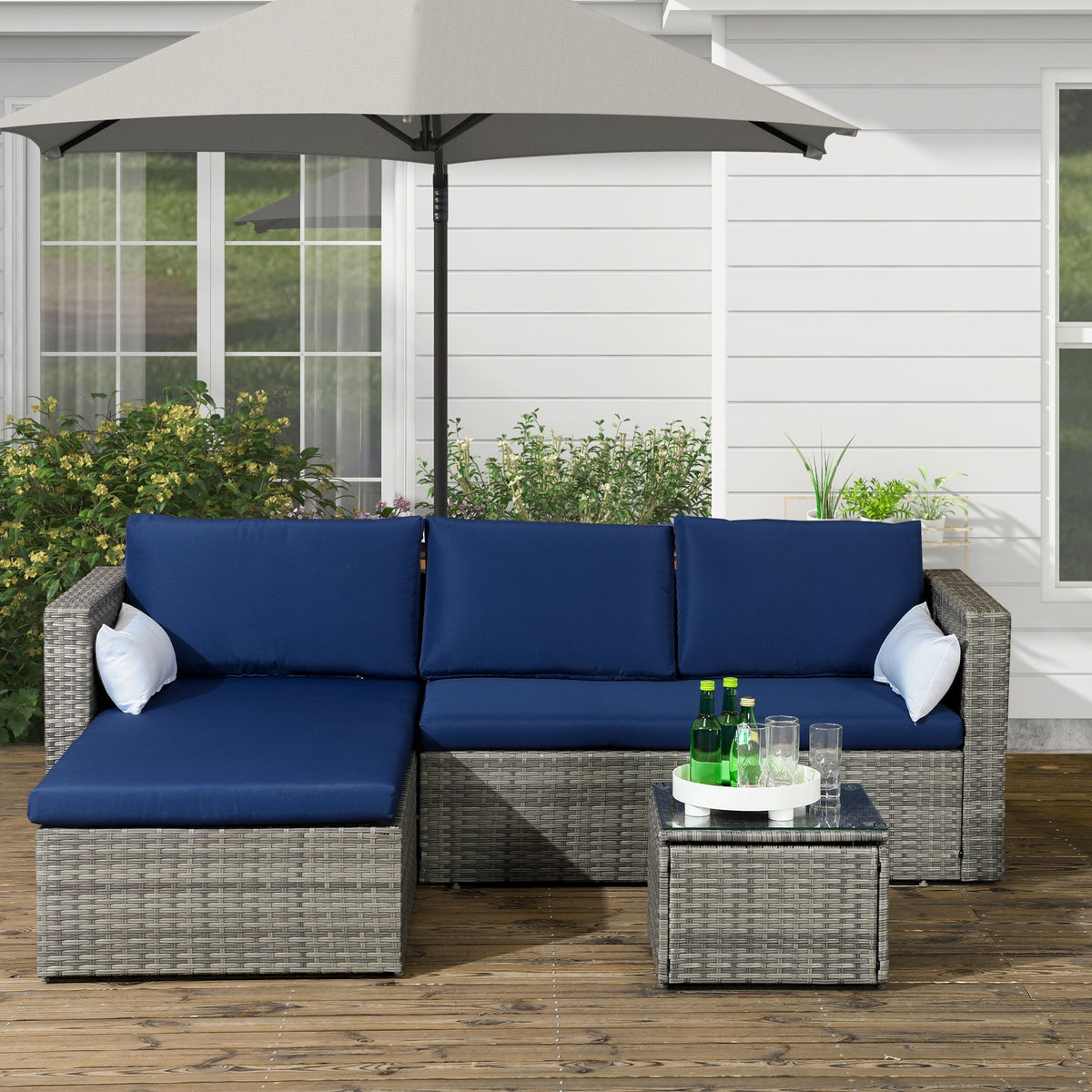 3pcs Modern Rattan Sofa Set, Wicker Patio Furniture Set with Coffee Table, Cushions, Pillows