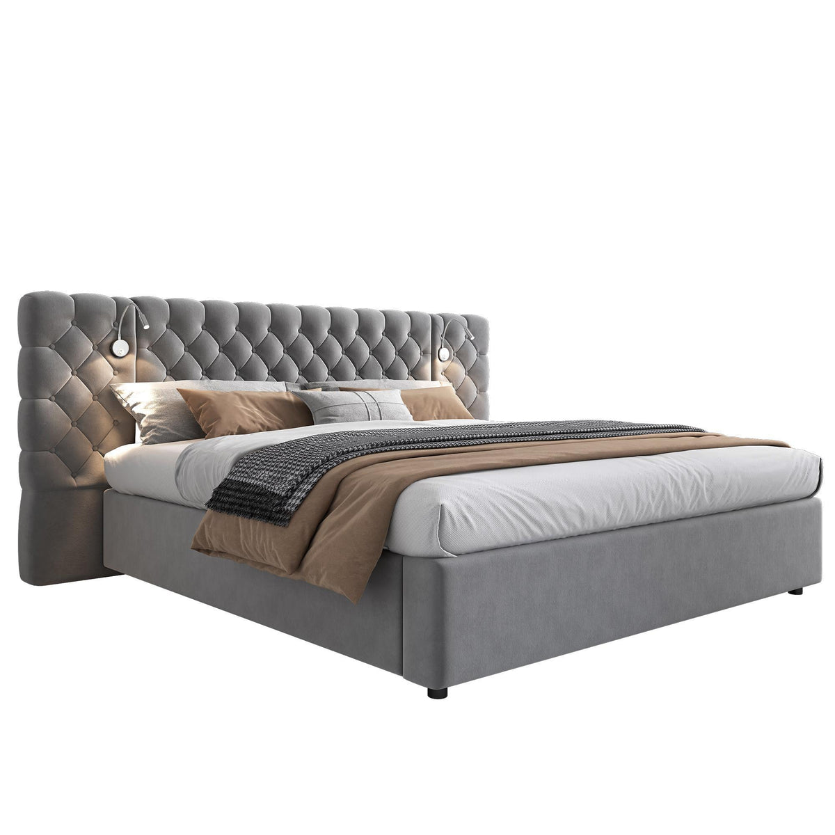 King Size Upholstered Bed with Extra-Wide Diamond Tufted Headboard, Plush Velvet Bed with Built-In Reading Lights, 83'' L x 102'' W x 42'' H, Grey