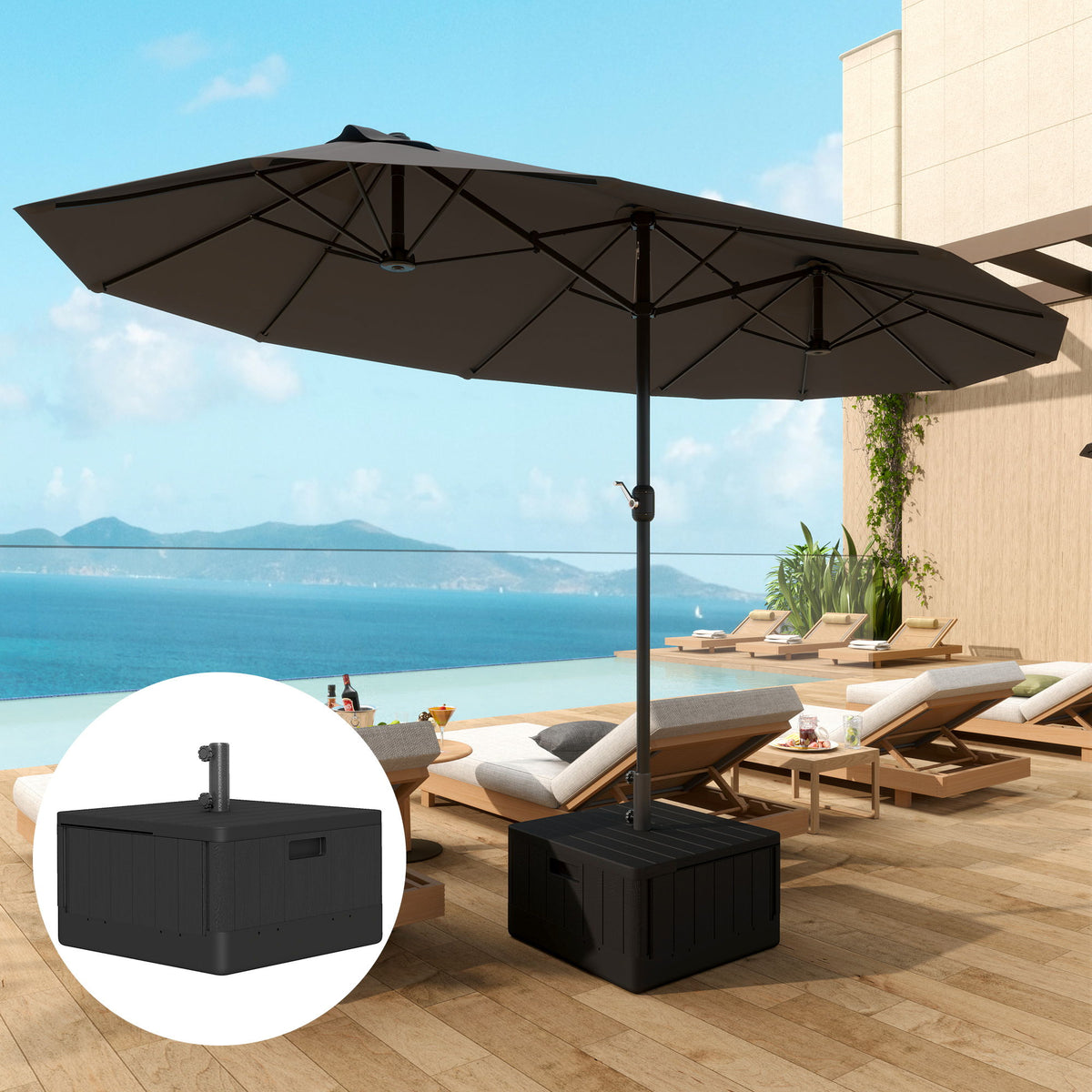 3-in-1 Patio Umbrella Base, Coffee End Table, Flower Box Planter with Wheels Handles, Square Plastic 176lb Stand/110lb Water Fillable Outdoor Garden Umbrella Stand, Black