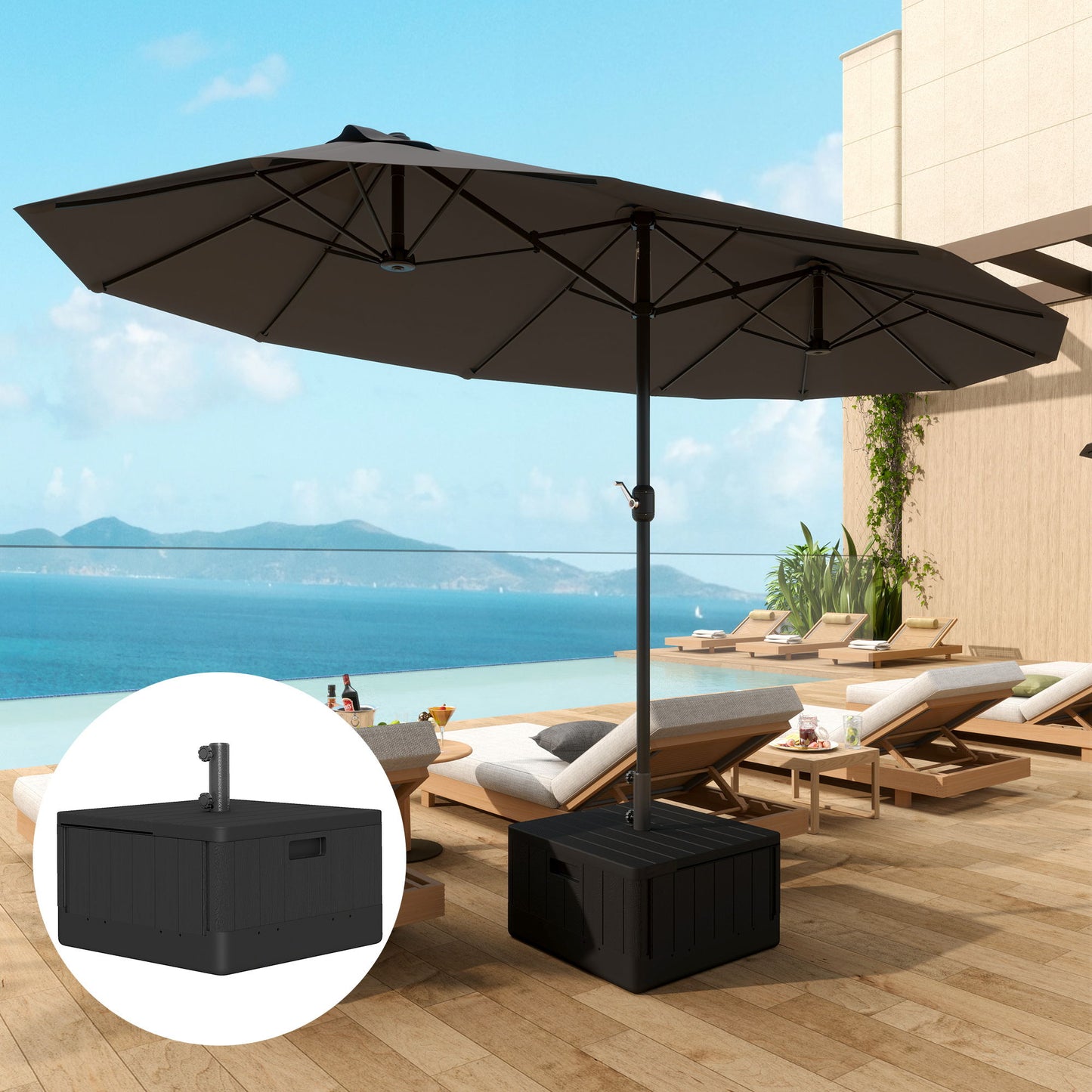 3-in-1 Patio Umbrella Base, Coffee End Table, Flower Box Planter with Wheels Handles, Square Plastic 176lb Stand/110lb Water Fillable Outdoor Garden Umbrella Stand, Black