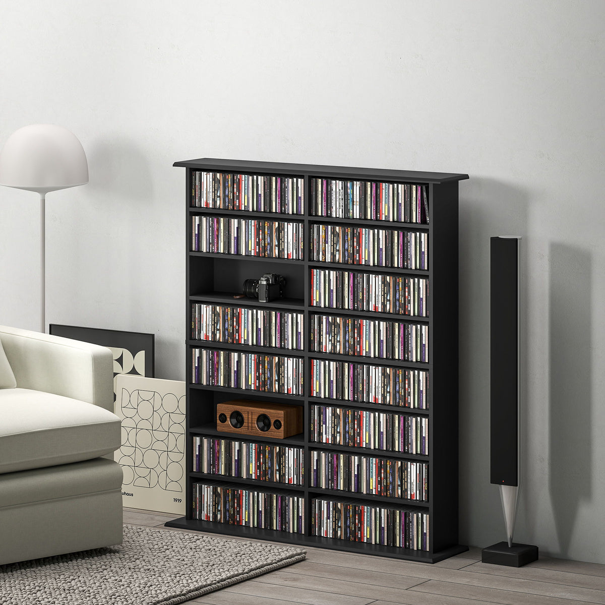 8-Tier DVD Shelf with 12 Adjustable Shelves, Double CD Shelf, Holds 720 CDs, 396 DVDs or 396 Blu-rays, Black