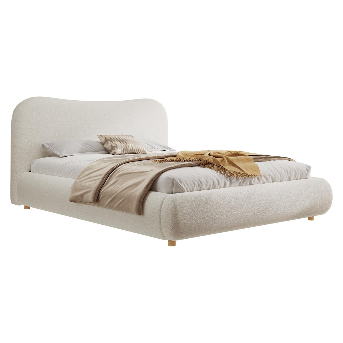 Queen Size Upholstered Platform Bed with Smooth Curved Headboard, Sturdy Bed Frame with Reinforced Slats, 86'' L x 65'' W x 34'' H, White