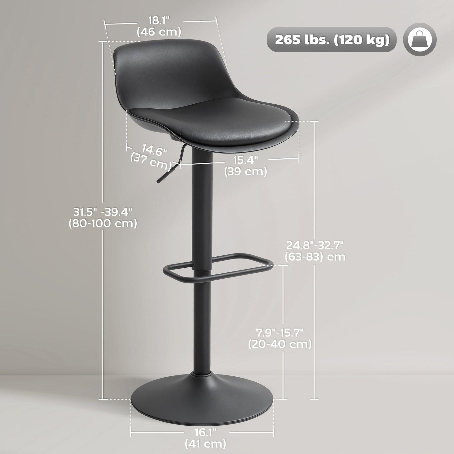 Set of 2 Swivel Bar Stools, Adjustable Height - Black