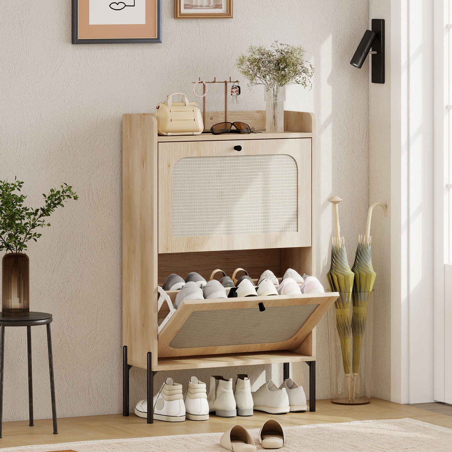 Shoe Cabinet with 2 Flip Drawers, Boho Narrow Shoe Storage Cabinet, Oak