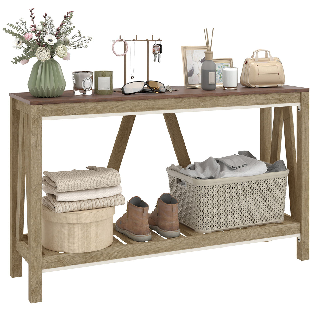 52" Console Table, Farmhouse Narrow Entryway Table with Storage Shelf, Rustic Sofa Table with Anti-tipper for Living Room and Hallway, Oak
