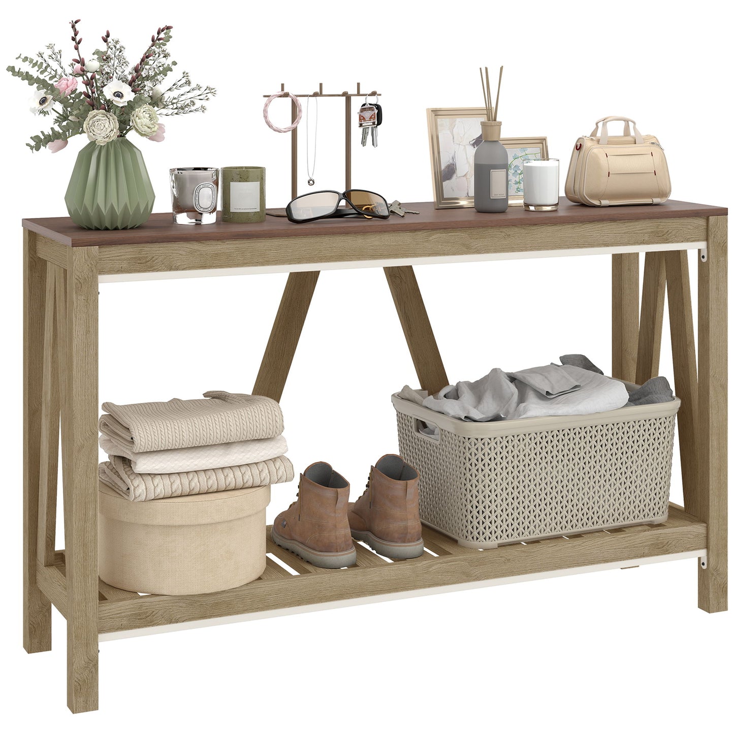 52" Console Table, Farmhouse Narrow Entryway Table with Storage Shelf, Rustic Sofa Table with Anti-tipper for Living Room and Hallway, Oak
