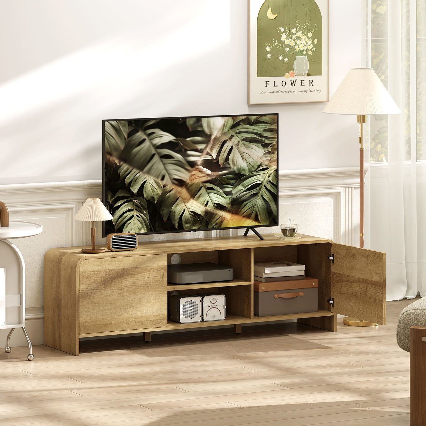 TV Stand for up to 65 Inch TV, Nordic Entertainment Center with 2 Cabinets and 2 Open Shelves for Living Room, Natural