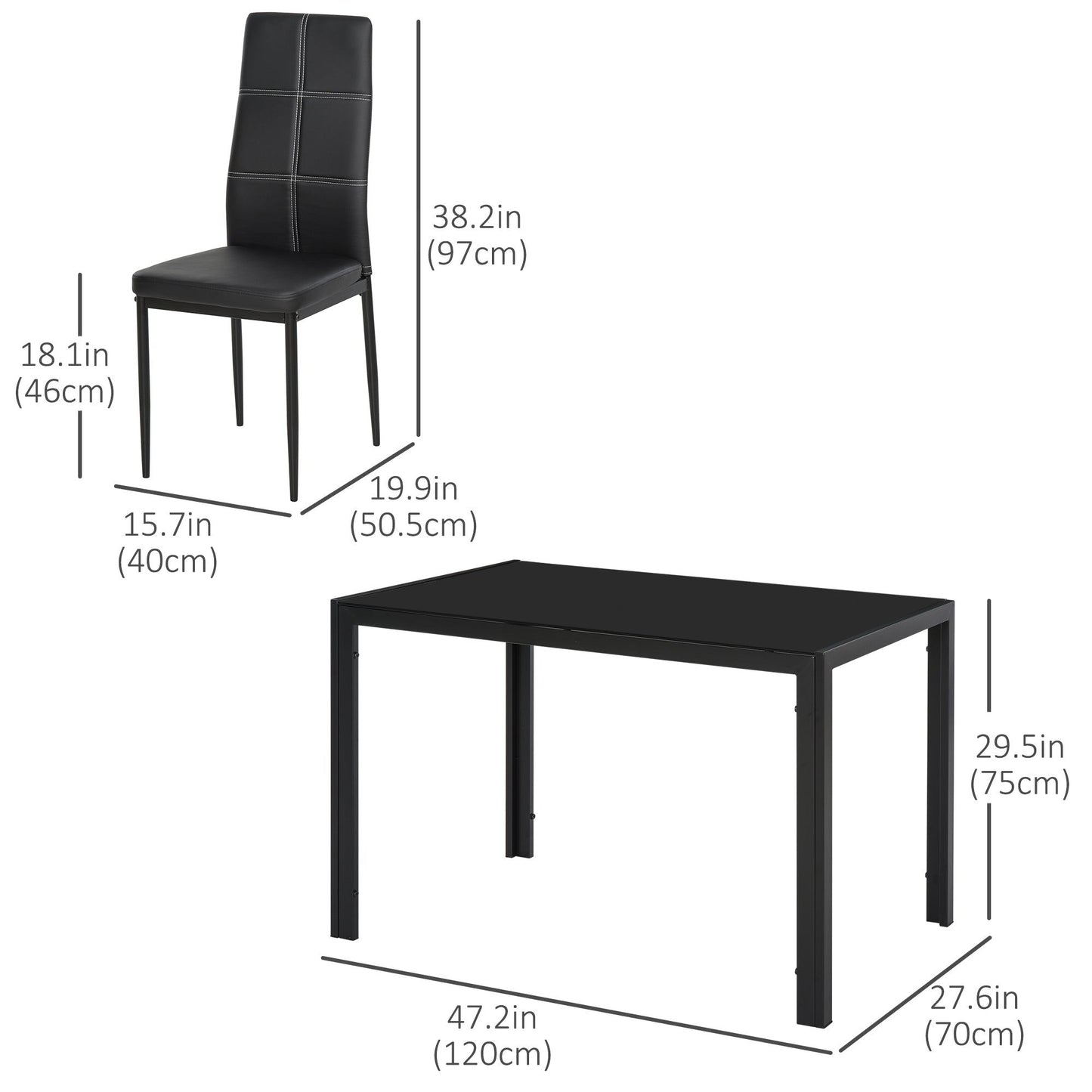 5-Piece Glass Dining Set with Faux Leather Chairs - Black