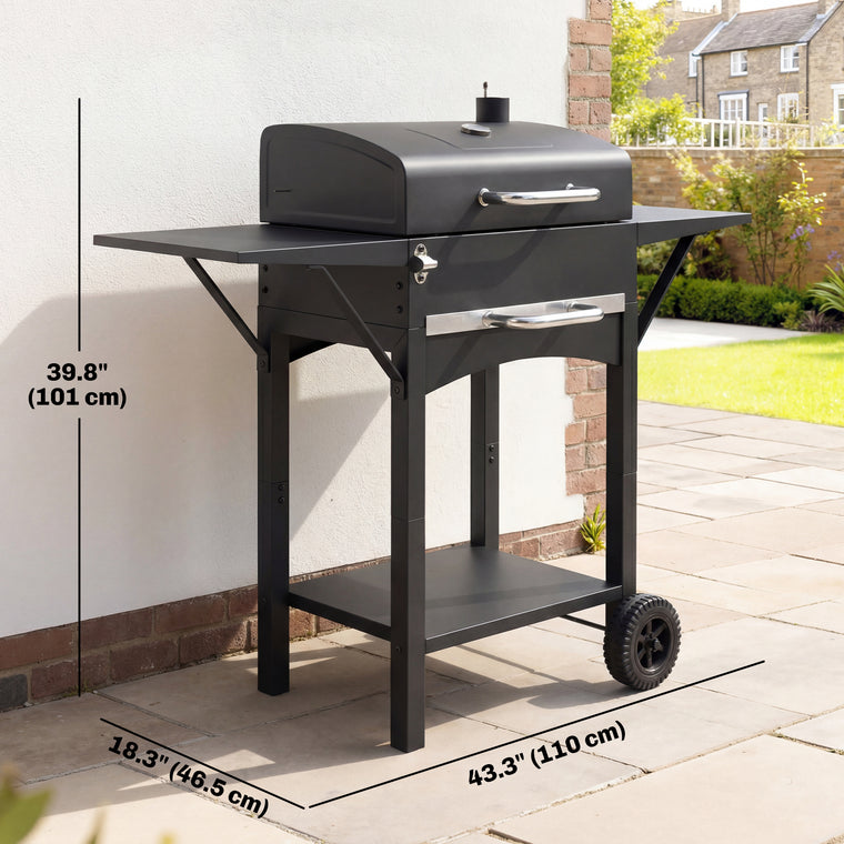 Black Charcoal Grill with 2 Side Tables & Warming Rack