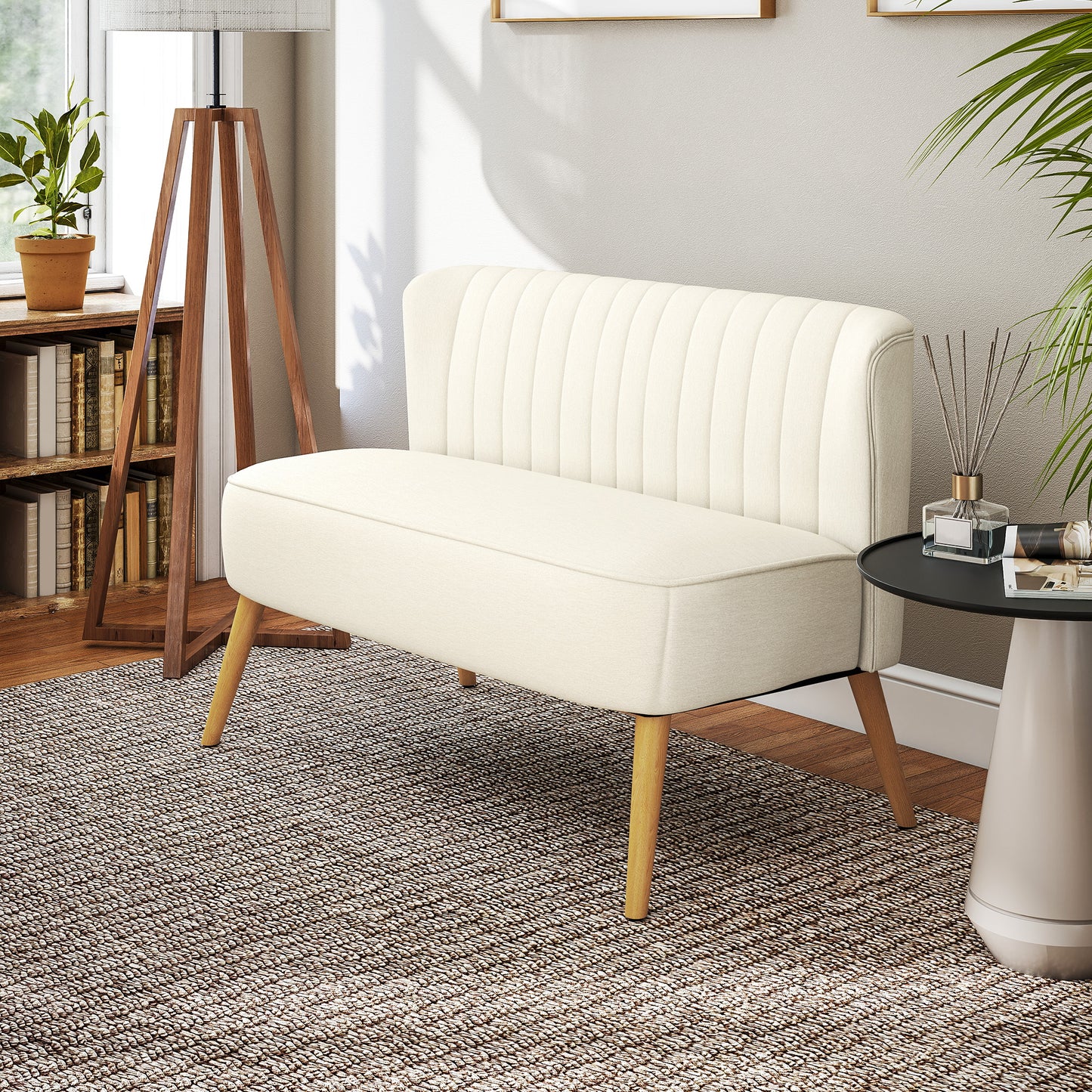 Modern 2 Seat Sofa for Bedroom, Upholstered Two Seater Couch with Rubber Wood Legs, Cream White