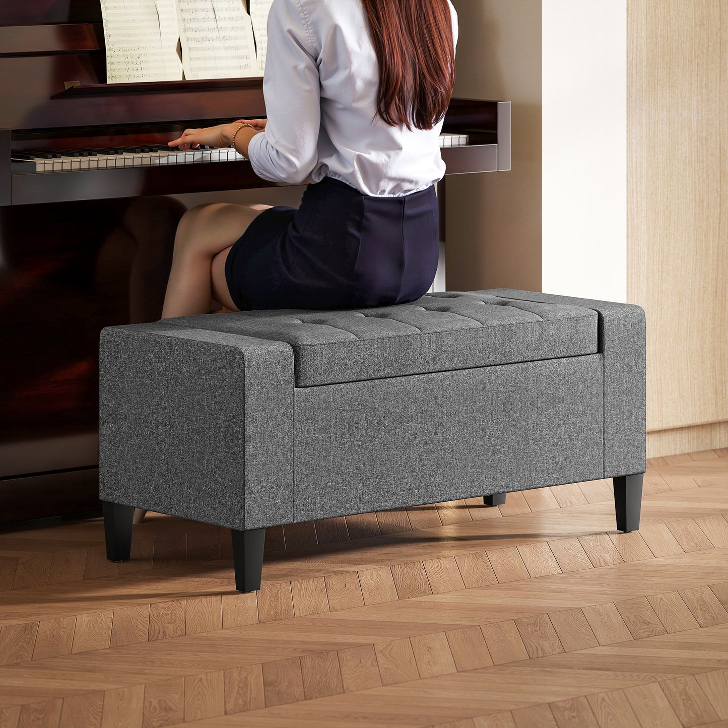 36" Storage Ottoman Bench, Linen-Look Fabric End of Bed Bench with Solid Wood Frame and Legs, Tufted Storage Chest, Footrest for Living Room, Bedroom, Entryway, Grey