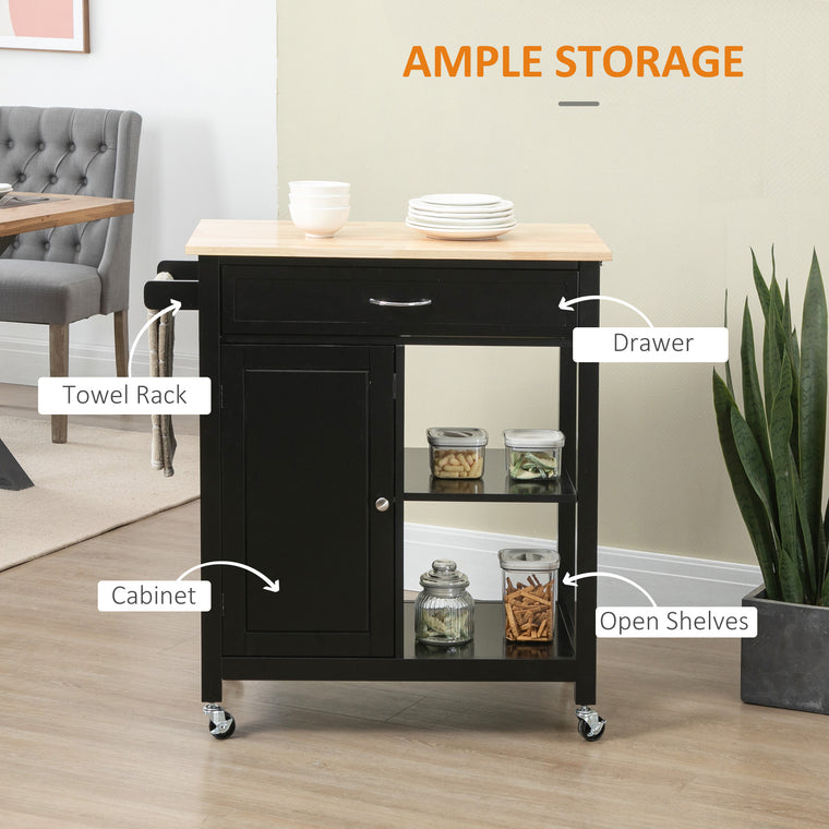 Rolling Kitchen Cart with Wood Top and Drawer - Black