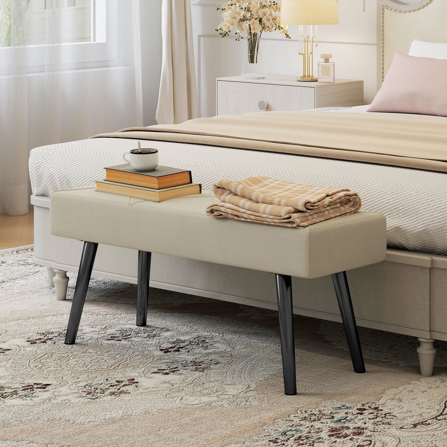 39 Inches Upholstered Bedroom Bench, Modern End of Bed Bench with Steel Legs, Cream White