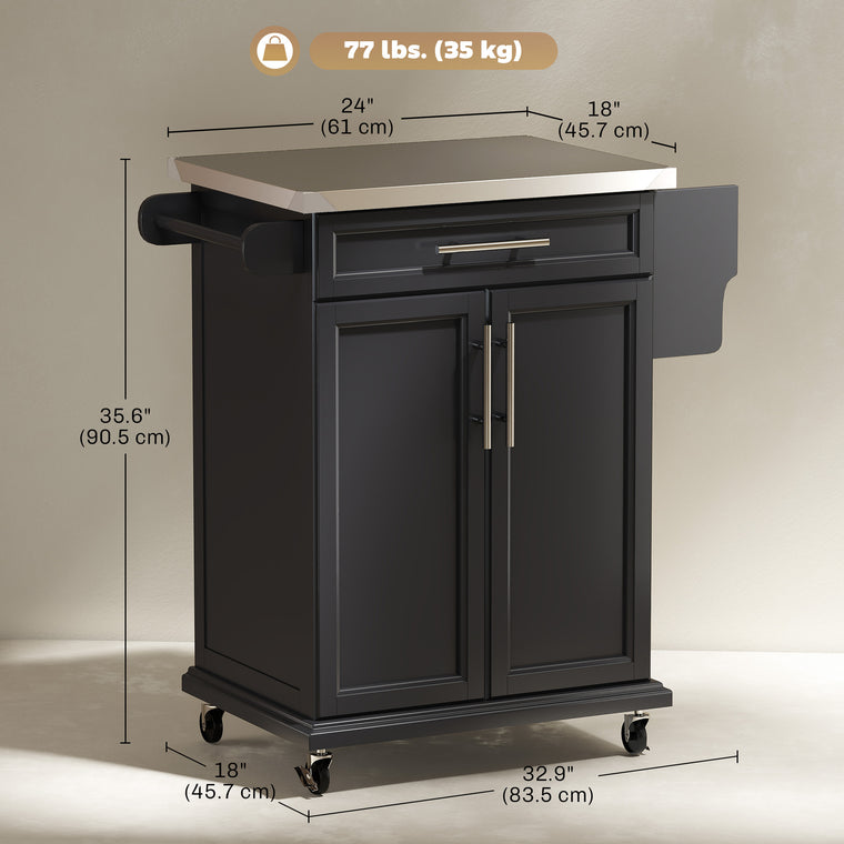 Rolling Kitchen Island with Stainless Steel Top - Black