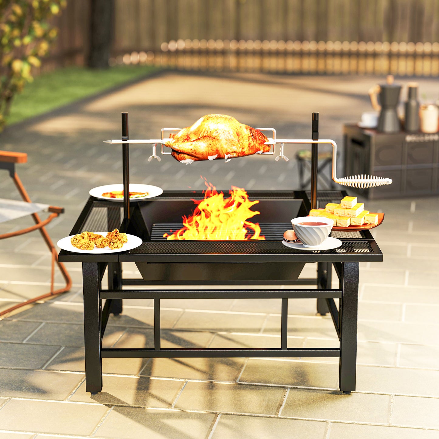 31.9" x 31.9" x 27.8" 2-in-1 Outdoor Fire Pit Firepit with BBQ Grill Grate, Wood Fire Pit with Adjustable Foot Pads, Outer Ledge, Poker, Mesh Lid for Backyard, Black