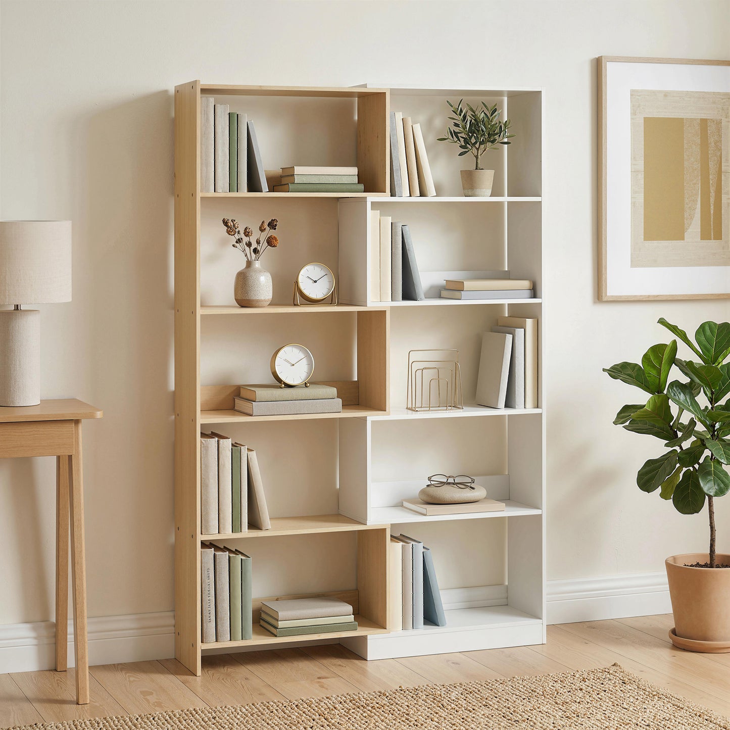 Corner Bookshelf, 5-Tier L-Shaped Bookcase with 350° Rotating Design, Two-Tone, Fruitwood/White