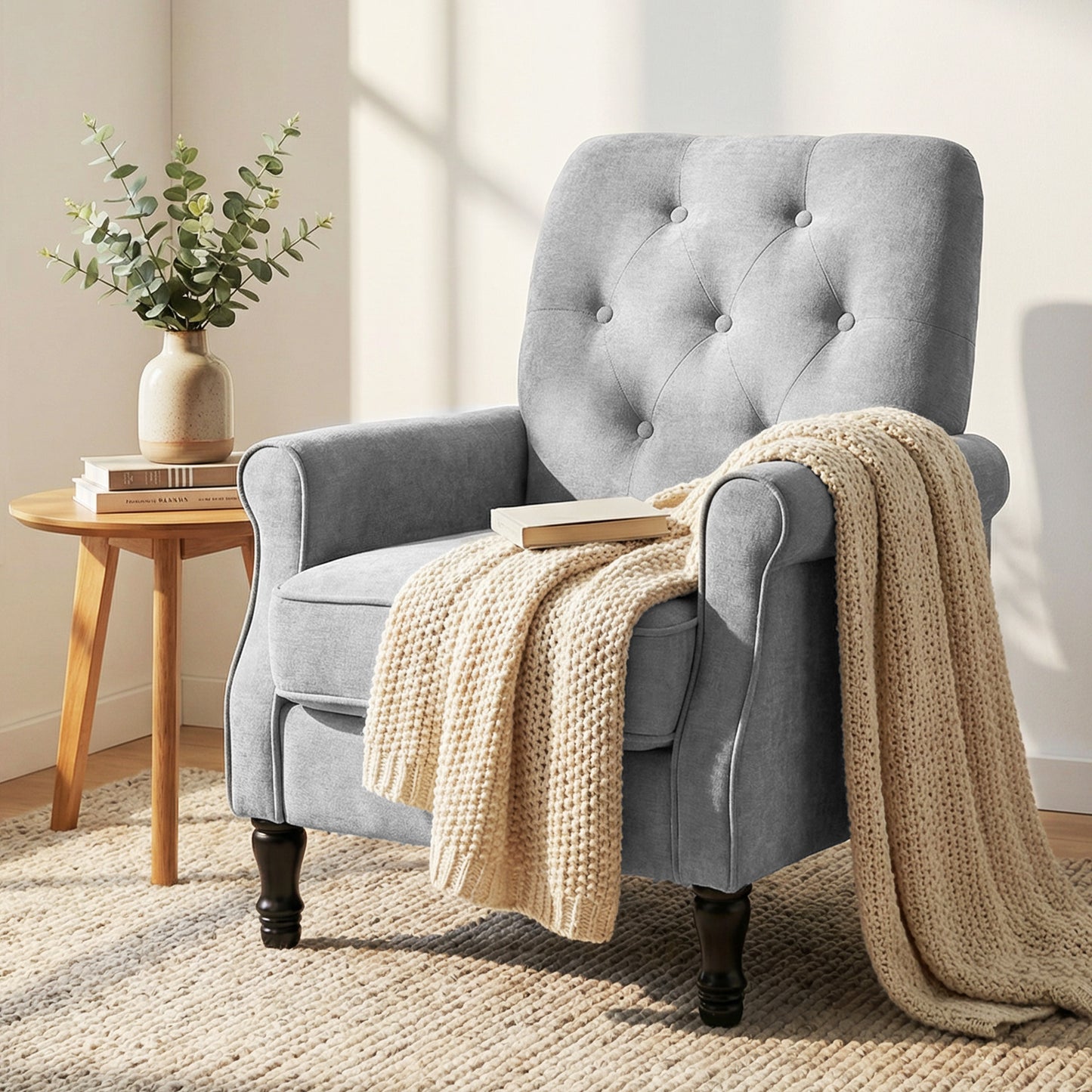 Accent Chair, Mid-Century Modern Armchair with Thick Padded Seat, Spring Cushion, Solid Wood Legs, Grey