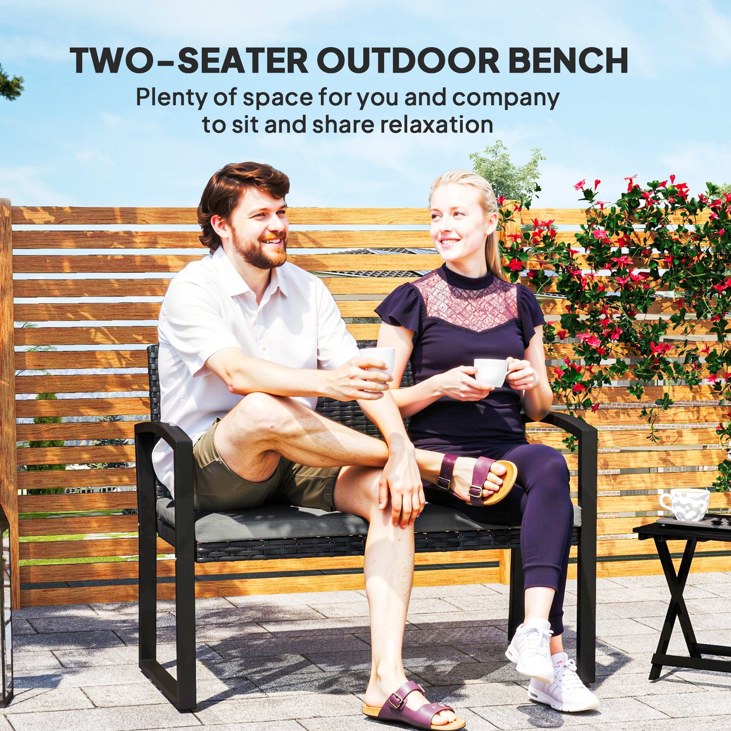 2 Seater Outdoor Bench, Rattan Garden Bench Loveseat with Cushion, Armrests, Steel Frame for Patio, Porch, Beige