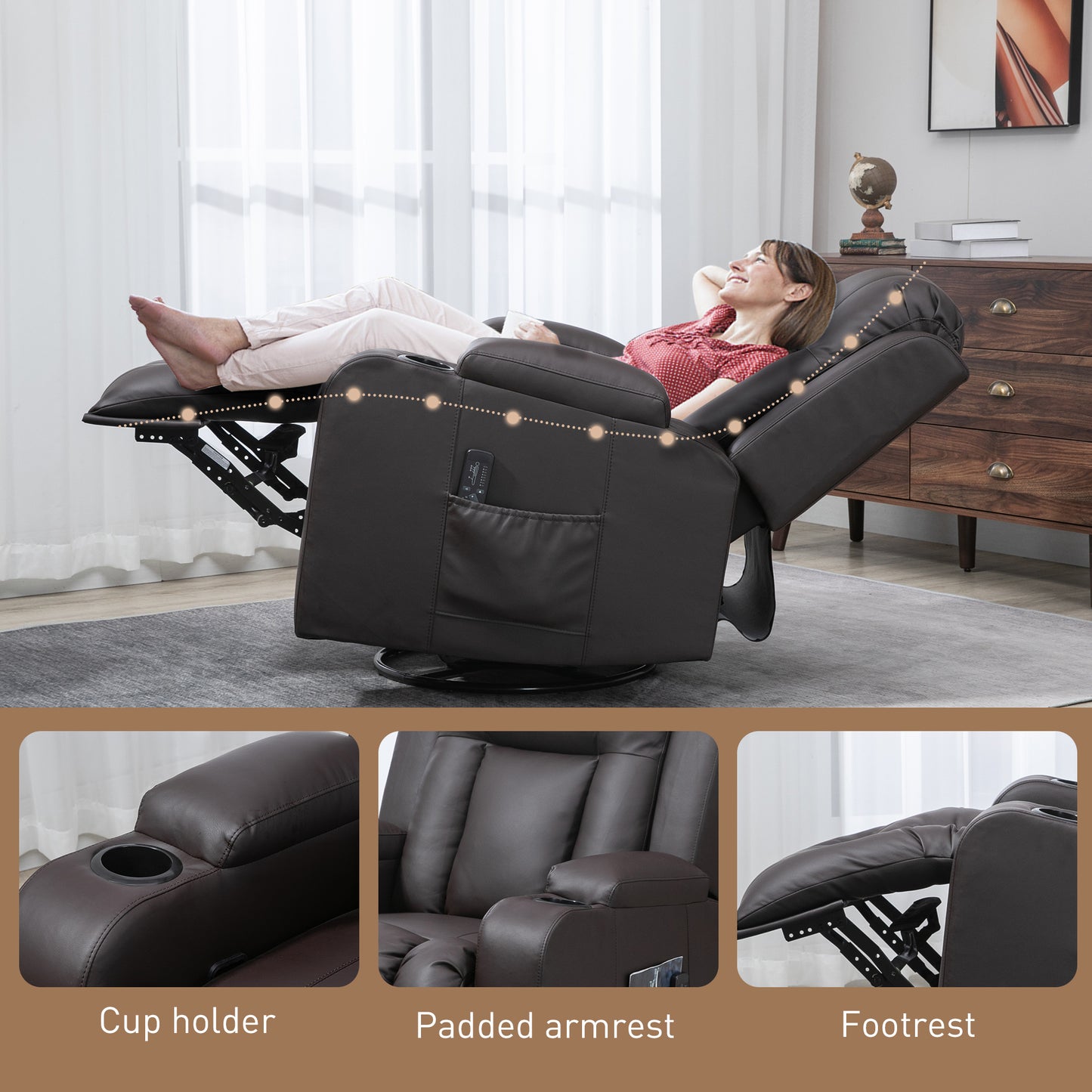 Swivel Massage Recliner Chair Rocker, Overstuffed Manual Reclining Sofa, PU Leather Rocking Chair with Side Pockets, Cup Holders, for Living Room, Nursery, Brown
