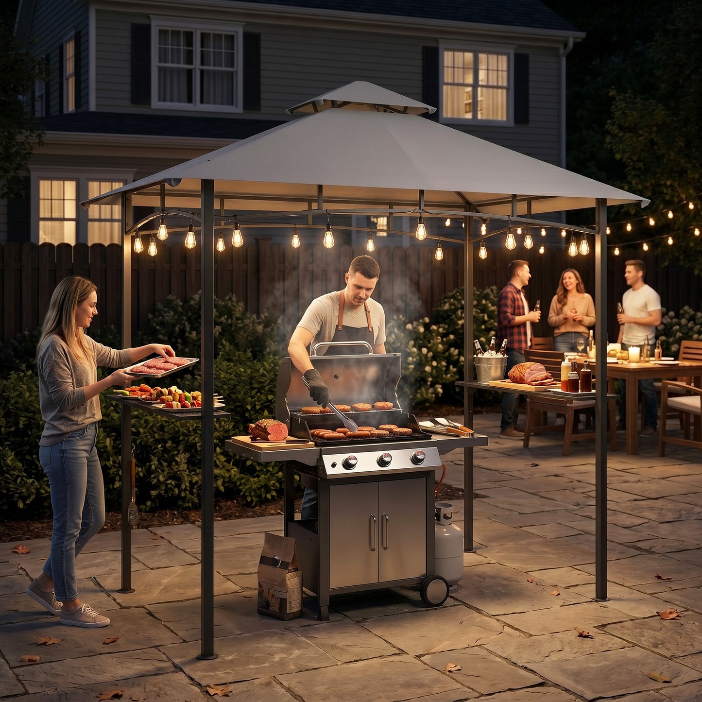 8' x 5' BBQ Grill Gazebo Tent with Double Tiered Canopy for Outdoor Sun Shade, Grey