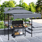 8' x 7.6' Grill Gazebo, Double Tiered Barbecue Grill Gazebo Shelter w/ Side Awning, 2 Side Shelves, 6 Hooks, Dark Grey