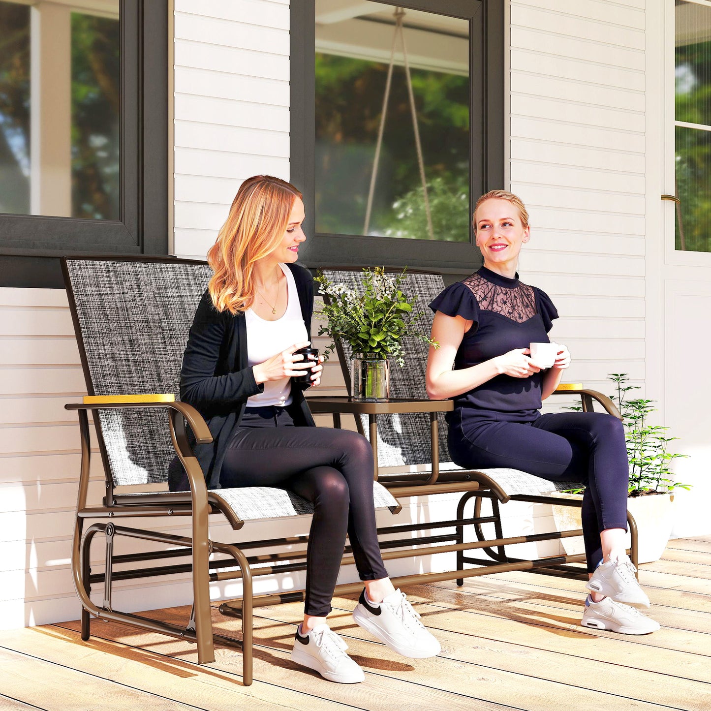 Outdoor 2-Person Glider Bench, Outside Swing Glider Chair Loveseat with Breathable Mesh, Table, Steel Frame