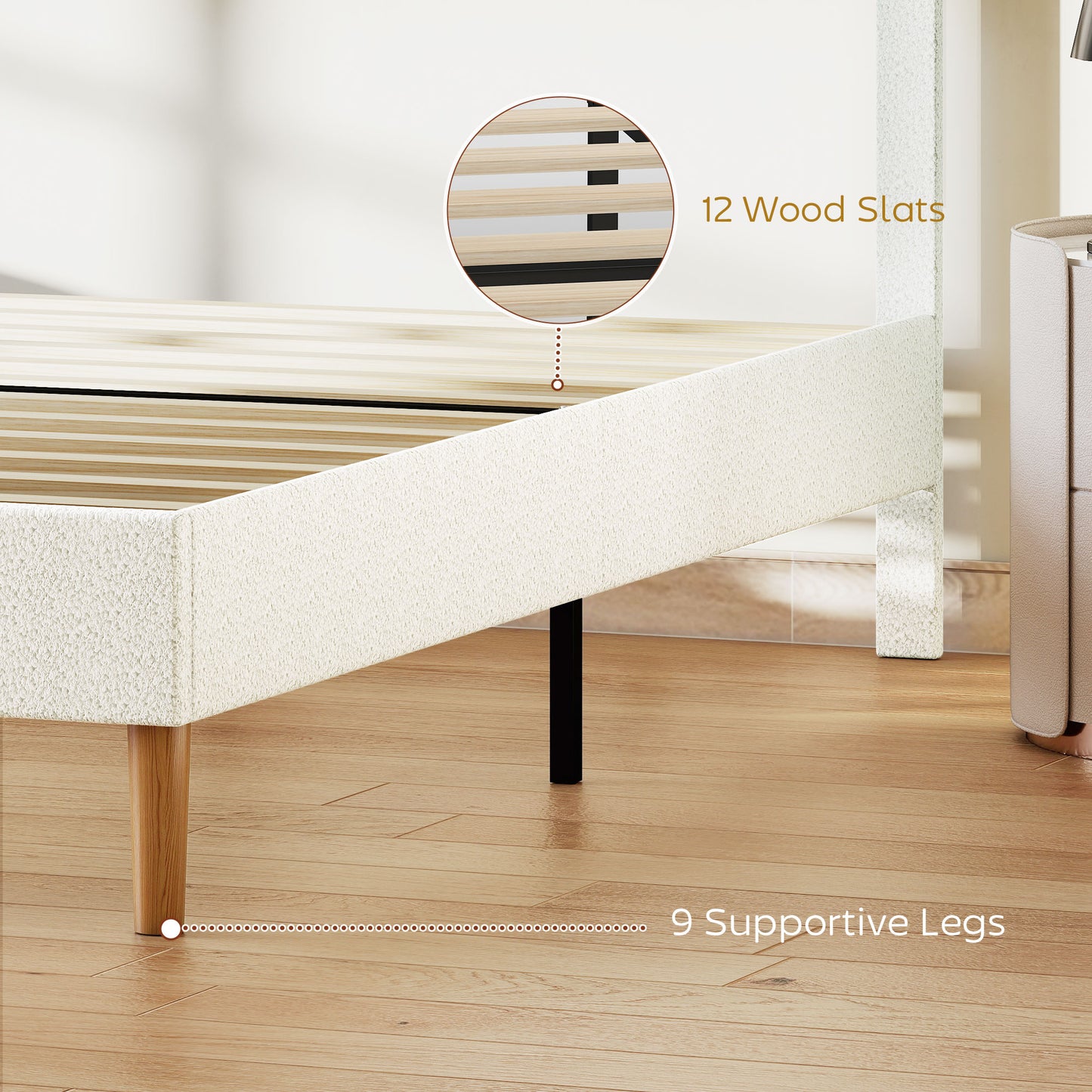 Queen Size Bed Frame with Adjustable Headboard Upholstered Platform Bed Frame with Wood Slat Support Noise Free White