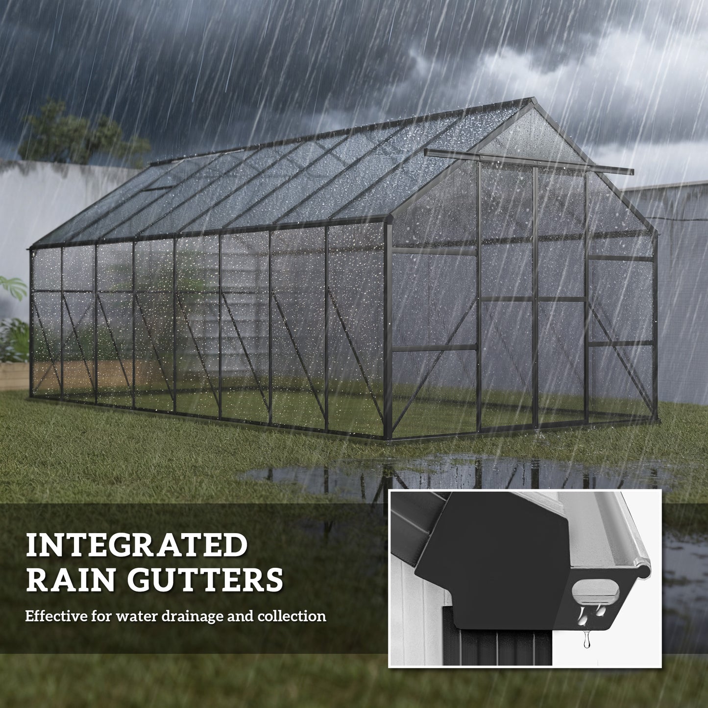 Aluminum Greenhouse Polycarbonate Walk-in Garden Greenhouse Kit with Rain Gutter and Sliding Door, 16' x 8', Dark Grey