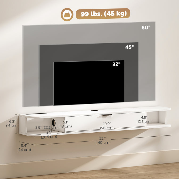 55" Floating TV Stand with Flip Drawer - White