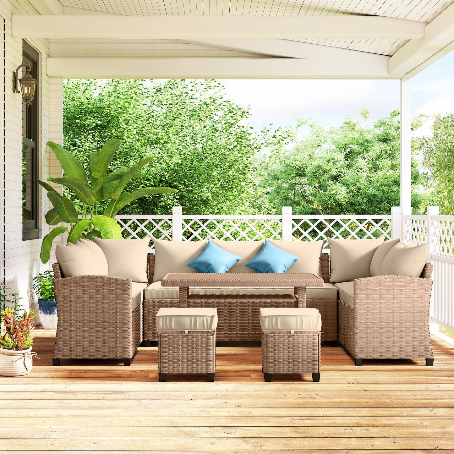 6 Pieces Patio Furniture Set, Outdoor Wicker Sofa Set, All Weather PE Rattan Conversation Furniture, with Strip Wood Grain Plastic Coffee Table & Cushions, Khaki