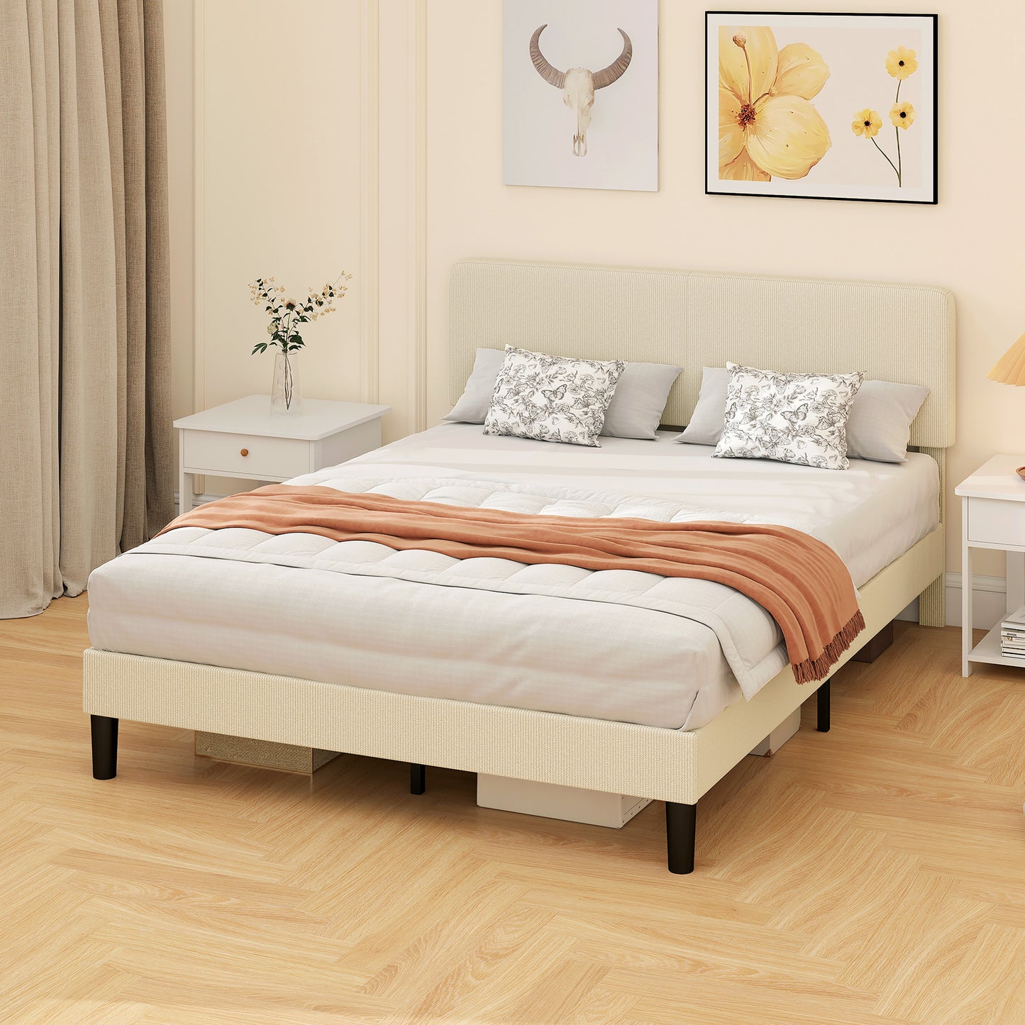 Queen Size Bed Frame with Adjustable Upholstered Headboard Platform Bed Frame Wood Slat Support Noise Free Light Grey