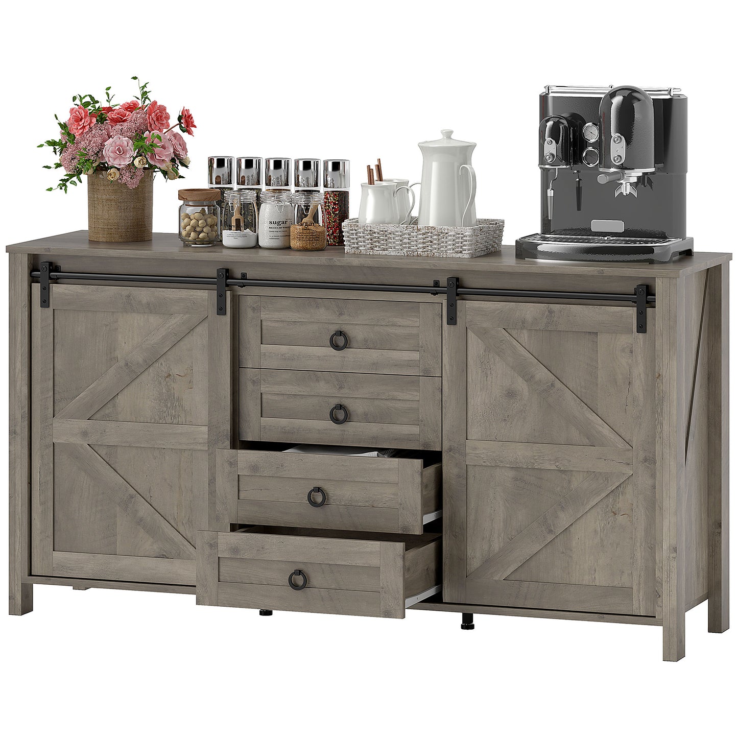 60" Buffet Cabinet, Farmhouse Sideboard with Sliding Barn Doors, Drawers and Adjustable Shelves, Distressed Light Grey