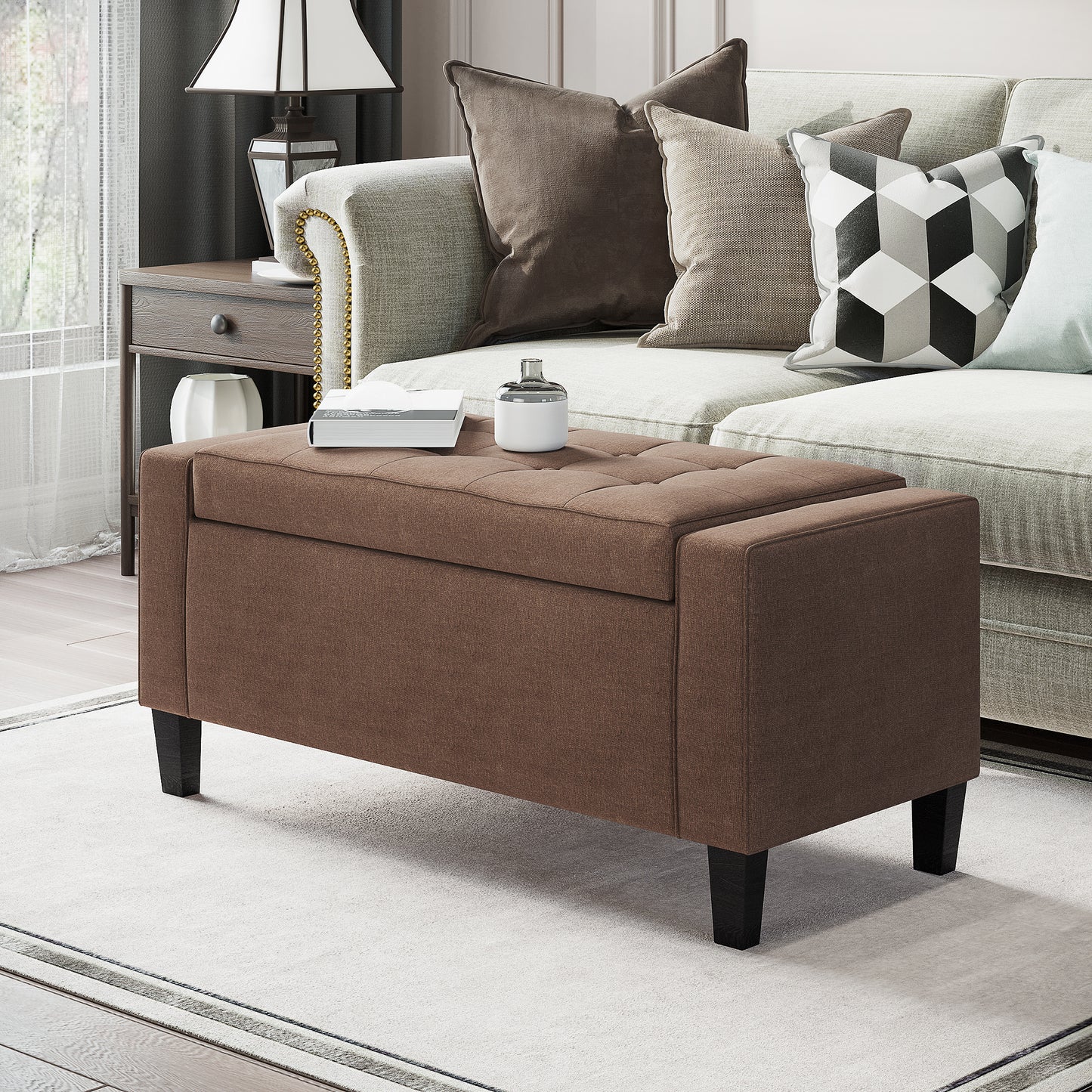 Storage Ottoman Bench, Linen Upholstered Bench with Tufted Design, Brown