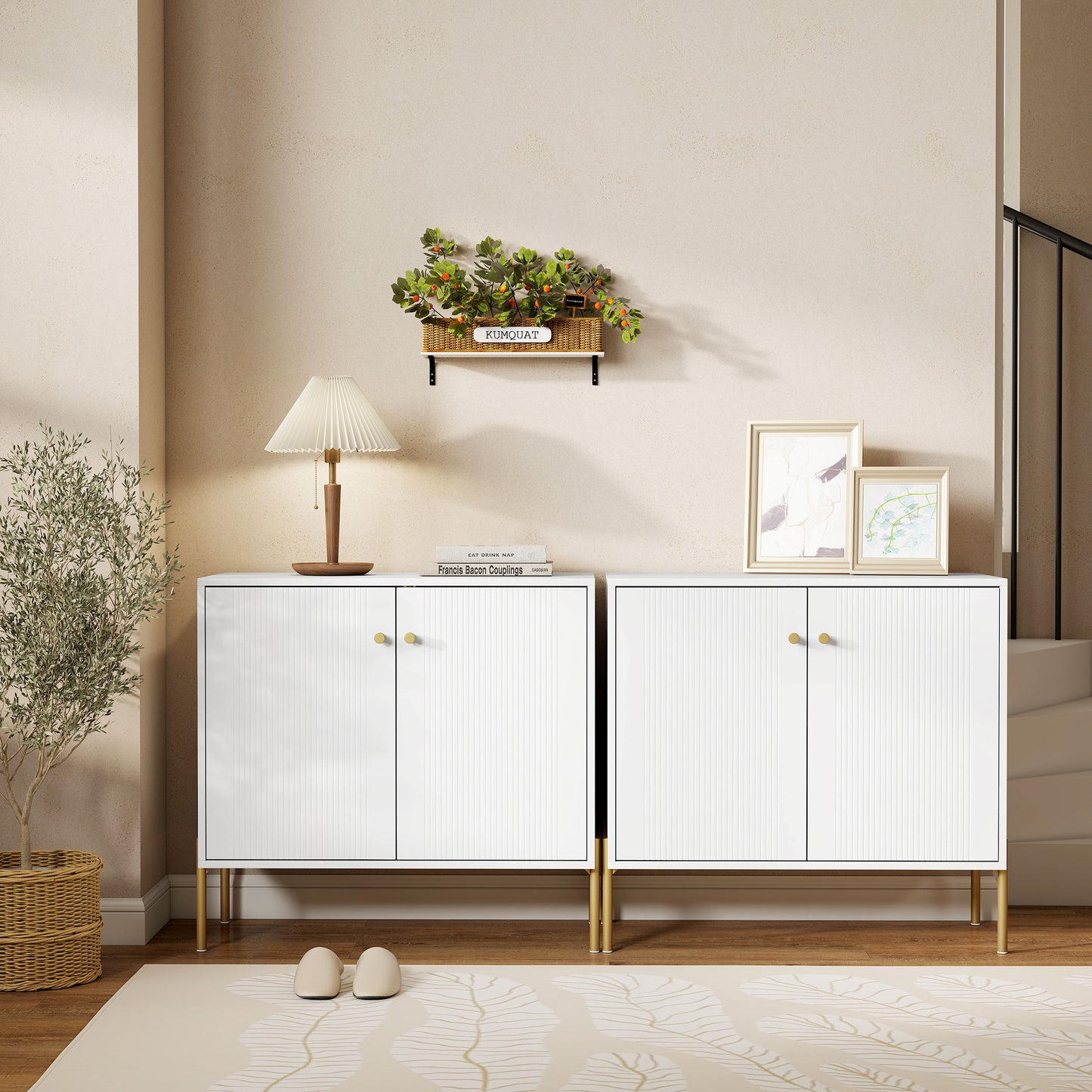 Sideboard, Modern Buffet Cabinet, Coffee Bar Cabinet with Fluted Doors and Adjustable Shelf, White