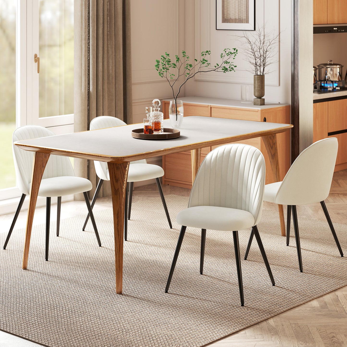 Set of 4 Modern Dining Chairs, Velvet Upholstered Kitchen Chairs with Steel Legs for Living Room, Cream White