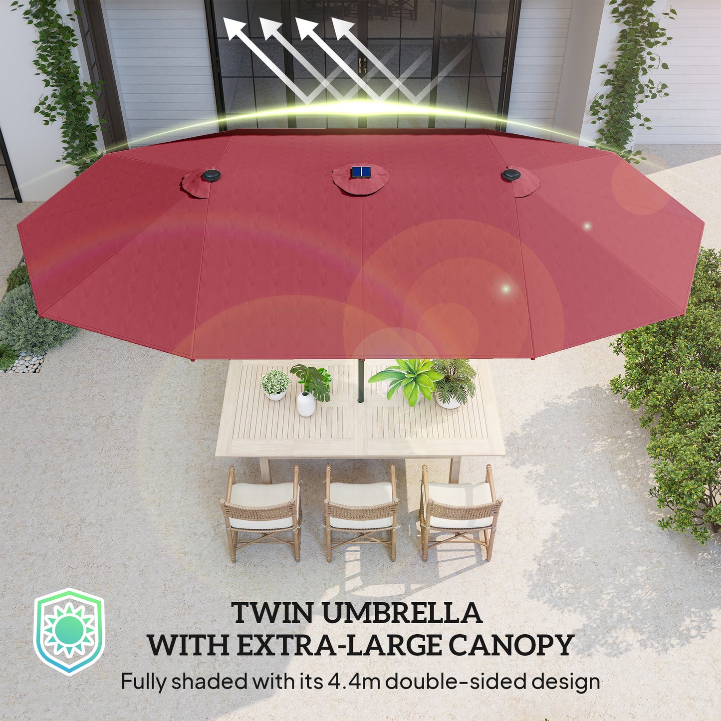 173.2" Double-Sided Sun Umbrella Garden Parasol Patio Sun Shade Outdoor with LED Solar Light, No Base Included, Wine Red
