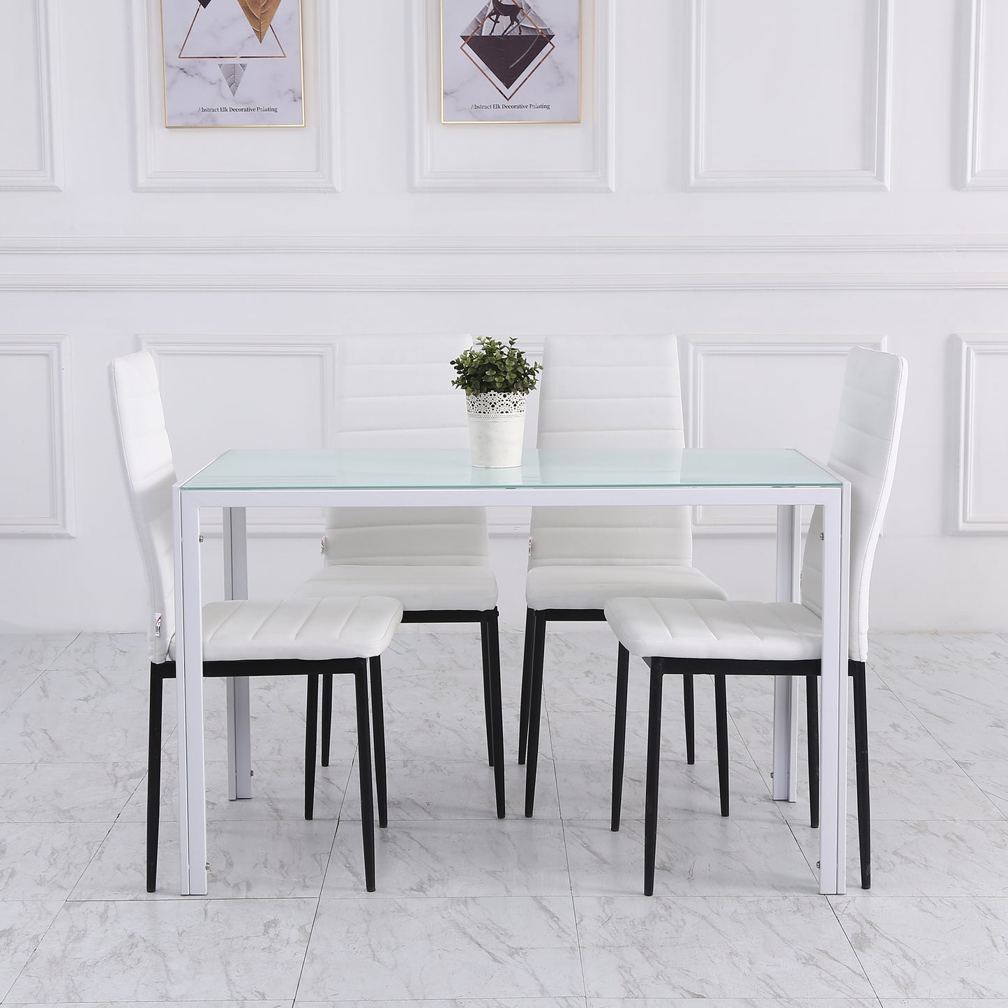 High Back Dining Chairs, Modern Upholstered Linen Fabric Accent Chairs with Metal Legs for Kitchen, Set of 4, White