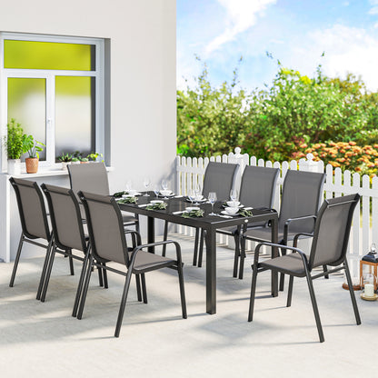 9 Pieces Patio Set with Stackable Chairs, Patio Dining Set with Glass Top for Garden, Patio, Backyard, Light Grey - Dark Grey