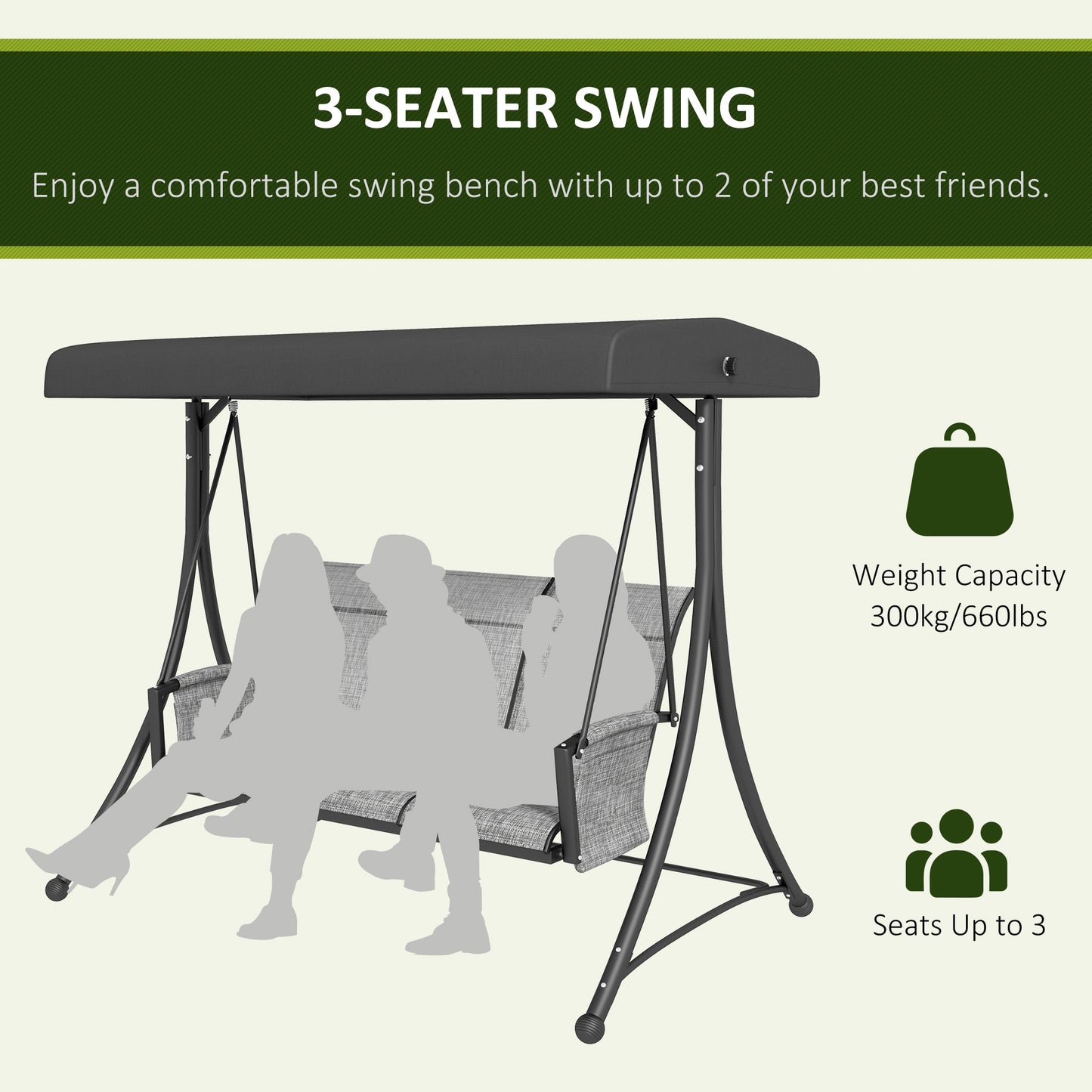 3 Person Outdoor Porch Swing Chair with Adjustable Canopy, Mixed Grey