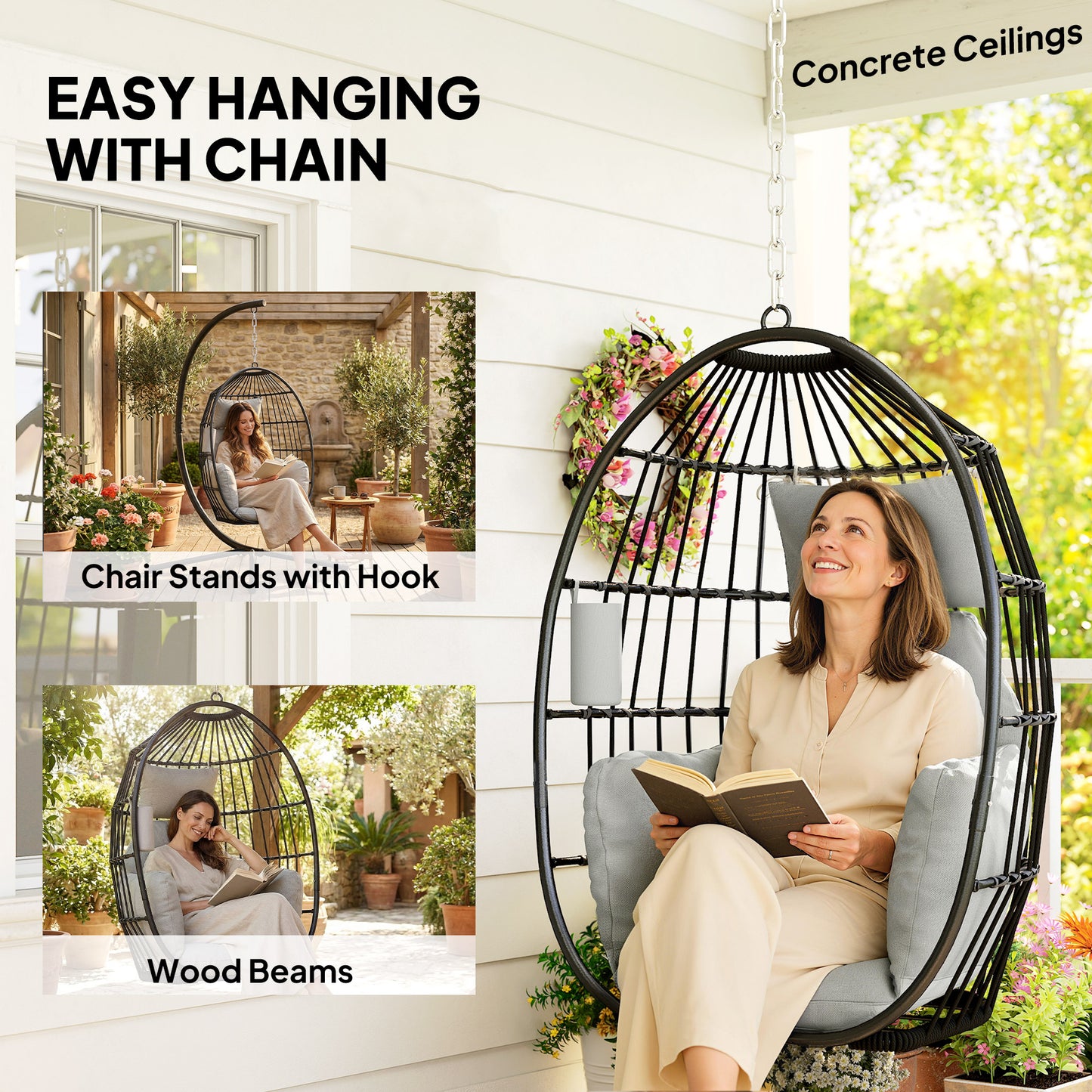 Hanging Egg Chair Without Stand, Foldable Basket Swing Chair with Head Pillow, Soft Cushion and Cup Holder, Dark Grey