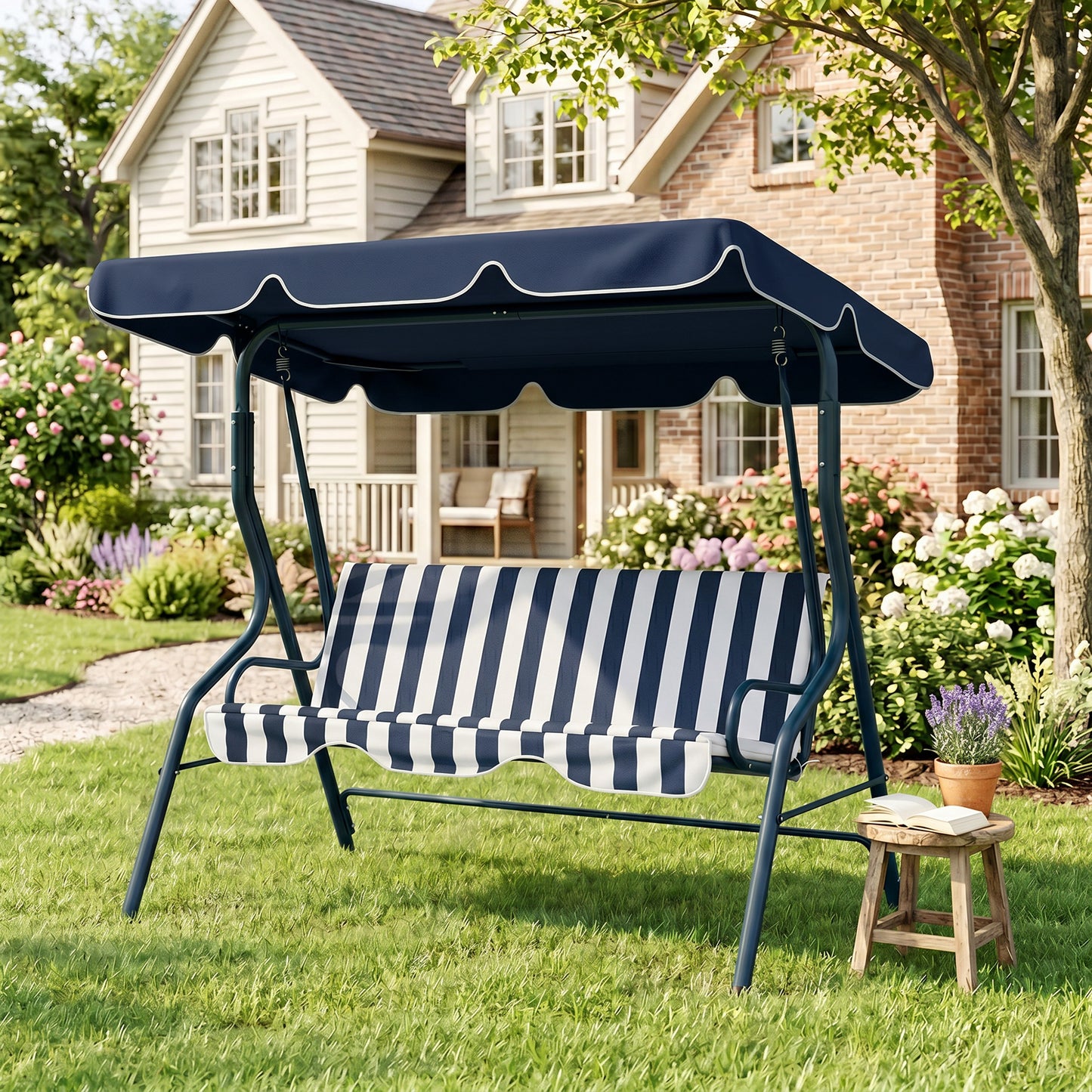 Outdoor Porch Swing with Adjustable Canopy, 3-Seater Patio Swing Chair with Cushion, Black