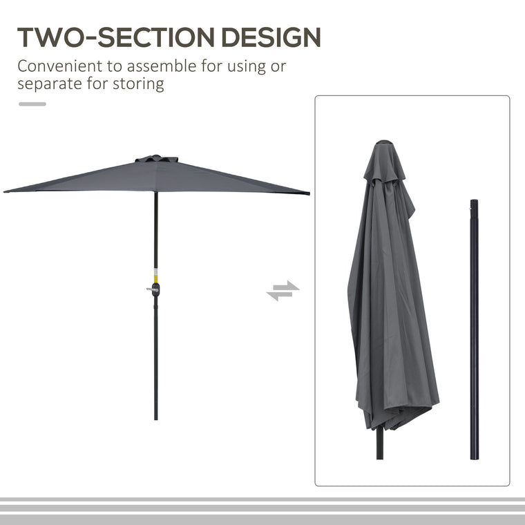 9.8ft Grey Half Round Parasol with Crank Handle & Top Vent
